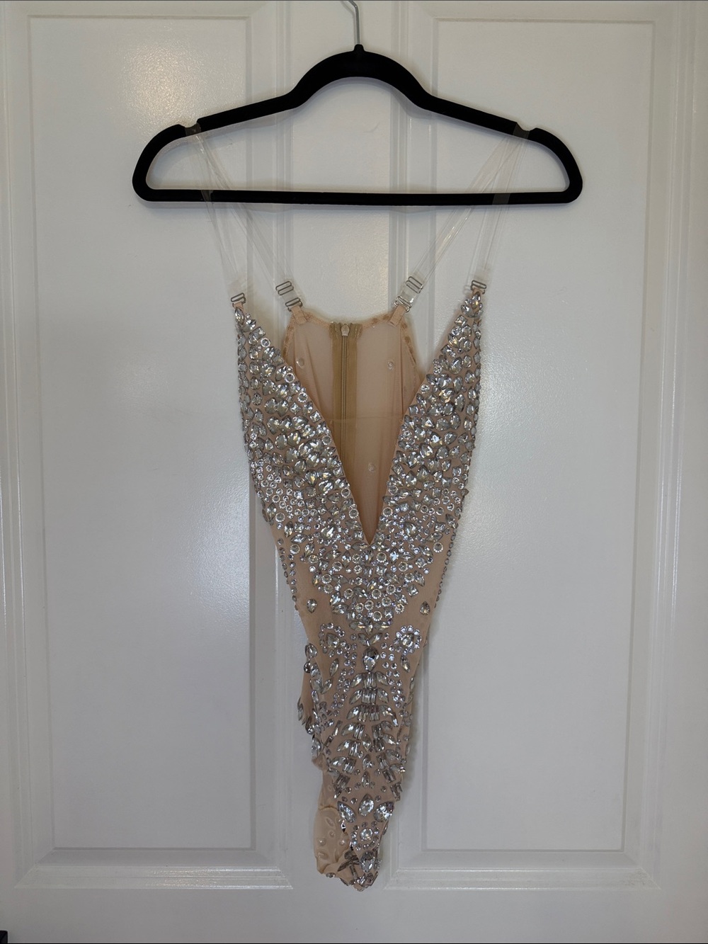 Blaque Label Beige Crystal-Embellished Plunge Bodysuit